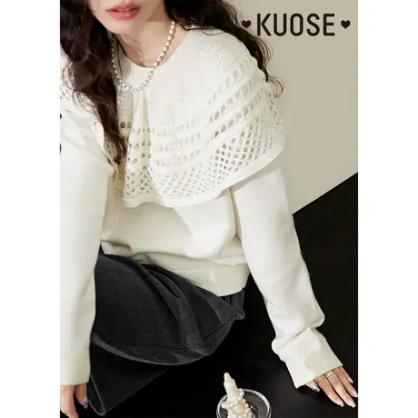 阔色镂空圆领白色甜美毛衣女2023秋冬新款针织设计感长袖上衣商品大图