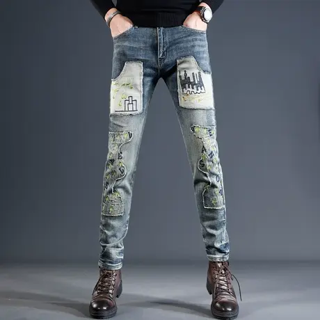 香港高端拼接牛仔裤男秋冬款修身小脚2023新款潮牌水洗男士裤子商品大图