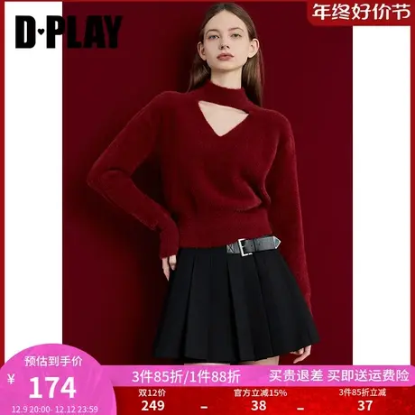 DPLAY冬通勤半高领镂空红色短款高腰节仿貂毛纱针织衫女商品大图