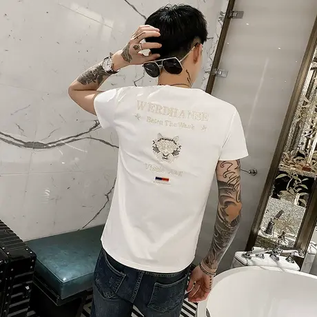 夏季男个性t恤短袖修身半袖刺绣网红潮牌快手ins百搭潮流圆领体恤商品大图