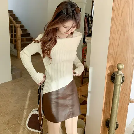 othermix不规则方领针织衫女2023秋冬新款修身显瘦纯色开叉打底衫商品大图