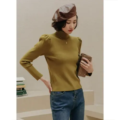 弥古高领泡泡袖毛衣打底衫女秋冬高级感绿色紧身针织内搭毛织上衣图片