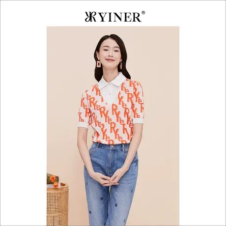 YINER音儿线上专选女装2023夏季莱赛尔含桑蚕丝针织衫字母印花商品大图