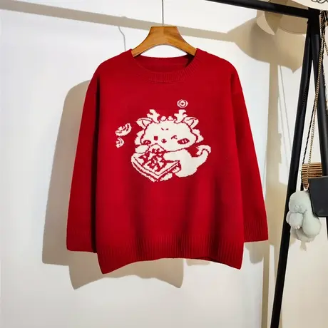 龙年红色毛衣女套头秋冬新款宽松圆领内搭时尚减龄针织衫上衣外穿商品大图