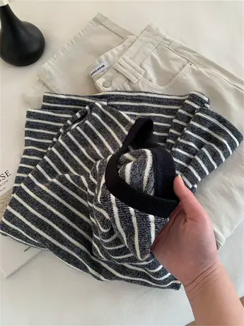 韩系撞色条纹毛巾棉打底衫女宽松休闲软糯高弹T恤24春季长袖上衣图片