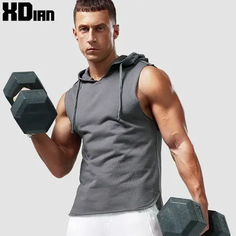 260G重磅无袖t恤男修身运动健身连帽背心带帽坎肩戴帽衫无袖卫衣商品大图