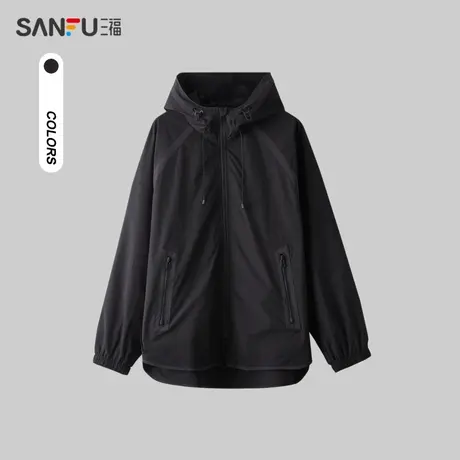 三福2024春季男士插肩捆边工装外套 日系户外连帽上衣男482442商品大图
