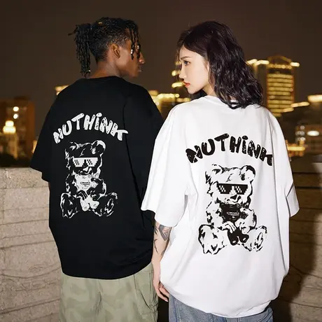 美式可爱小熊情侣装t恤男短袖潮牌潮流大码宽松情侣半袖上衣夏季商品大图