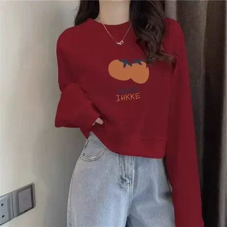 潮牌新款秋冬季短款卫衣女加绒时尚宽松百搭喜庆无帽套头外套衣服商品大图