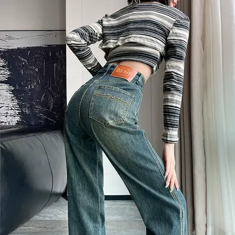 复古阔腿牛仔裤女2024年春秋新款高腰窄版小个子百搭直筒拖地裤子图片