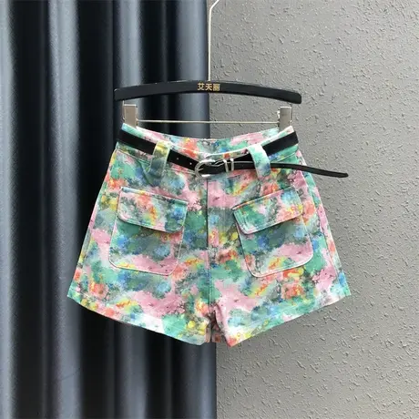 2024春夏新款时尚撞色晕染减龄牛仔短裤女高腰显瘦大口袋阔腿热裤商品大图