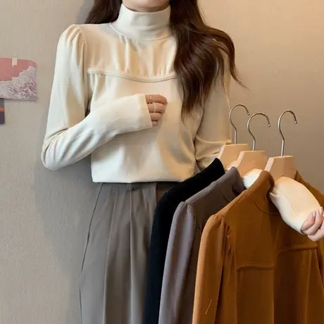 泡泡袖高领打底衫女内搭秋冬正肩T恤大码显瘦设计感小众长袖上衣商品大图