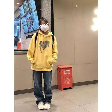 oversize美式连帽黄色卫衣女春秋薄款宽松慵懒风早秋上衣外套潮牌图片