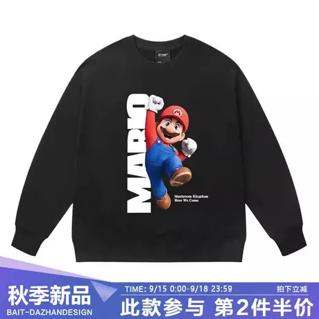 港风chic马里奥卡通印花圆领卫衣男士套头衫秋冬季加大码长袖外套商品大图