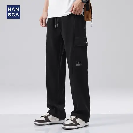 hansca黑色直筒休闲裤男春季新款美式潮牌大口袋工装宽松卫裤长裤商品大图