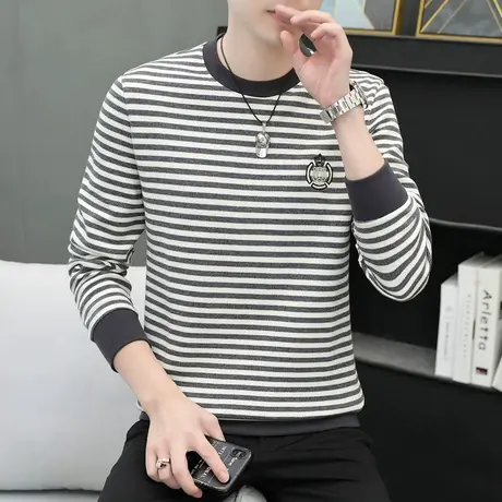 条纹卫衣男士2023春秋季新款潮流牌圆领打底体恤衫百搭男装上衣服商品大图