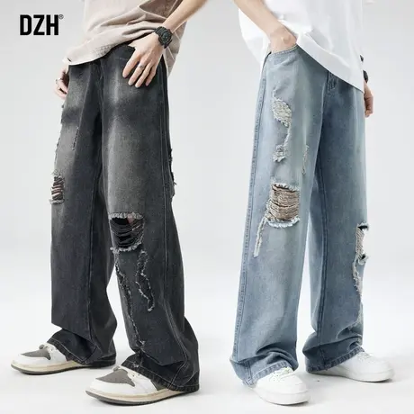 男士破洞牛仔裤男痞帅高级感裤子男款2024年新款春秋季复古阔腿裤商品大图