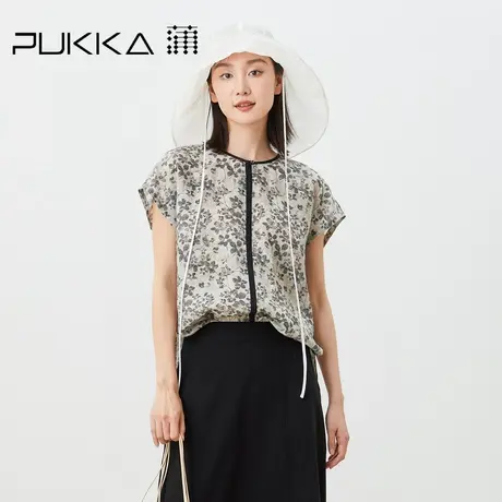 蒲PUKKA 原创设计女装夏季苎麻印花新中式连肩袖套头衬衫图片