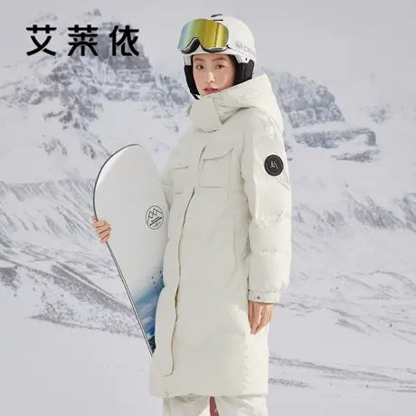 艾莱依羽绒服冲锋衣女白色中长款2022年新款鸭绒运动宽松滑雪外套商品大图