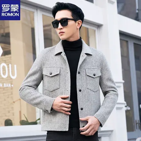罗蒙秋冬季夹克男短款羊毛呢大衣男时尚竖条纹潮妮子无羊绒尼外套图片