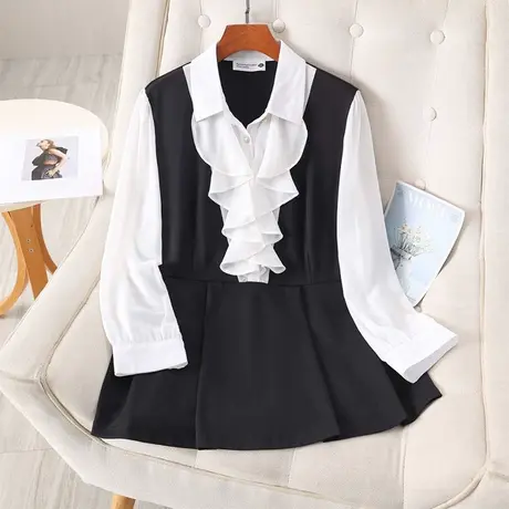 伊自尚大码女装2023年新款胖妹妹时尚显瘦衬衫领拼接荷叶边上衣秋图片