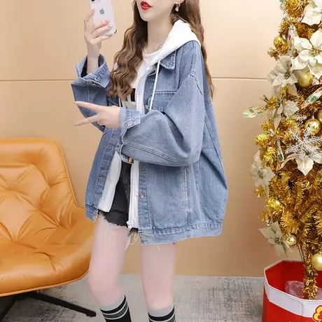 宽松假两件连帽牛仔外套女2023新款秋冬季时尚洋气百搭慵懒风上衣商品大图