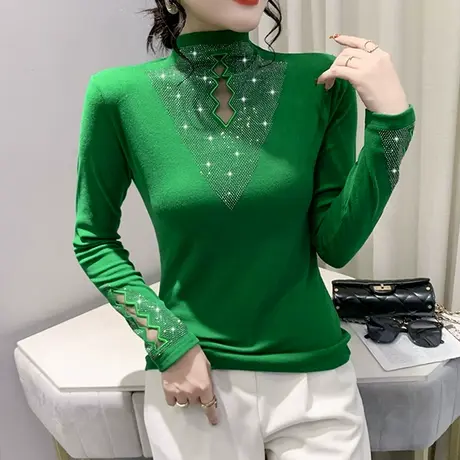 半高领磨毛打底衫女秋冬性感镂空T恤长袖网纱拼接洋气百搭上衣ins商品大图