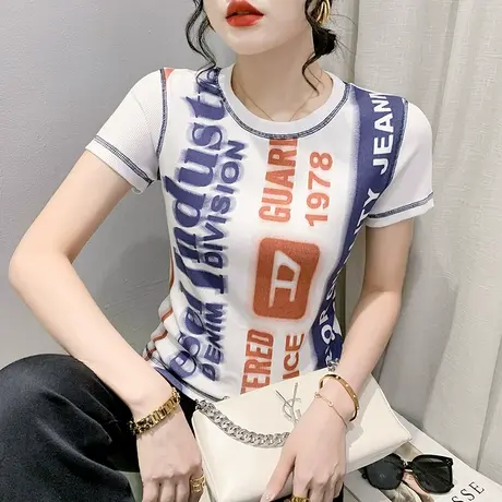 2023夏装新款时尚印花T恤女短袖设计感小众网红上衣修身圆领小衫商品大图
