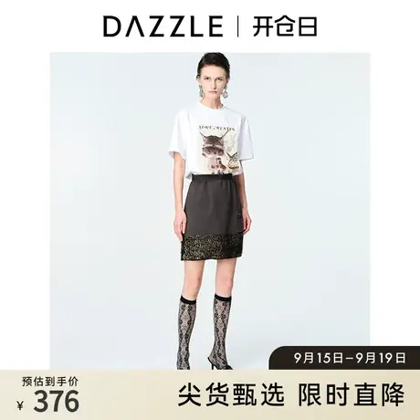 DAZZLE地素奥莱 春夏小众白色卡通刺绣印花圆领短袖T恤女图片