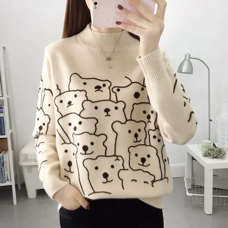 冬季高级感冬季2022爆款半高领卡通熊加厚针织打底衫套头毛衣百搭商品大图