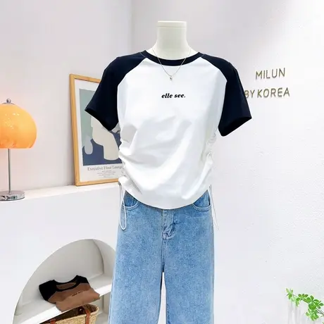 高级感美式复古字母插肩袖T恤夏季小个子正肩纯棉抽绳短袖甜酷图片