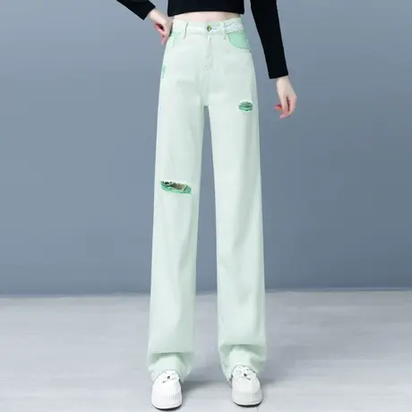 浅绿色破洞阔腿牛仔裤女春秋2023年新款小个子高腰宽松拖地直筒裤图片