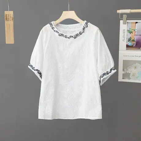 文艺复古刺绣圆领套头短袖T恤女中国风休闲体恤夏装百搭女装上衣图片