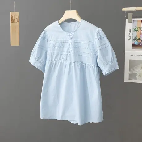 2023夏季新款韩版洋气上衣女短袖蓝色娃娃衫宽松衬衫薄款衬衣寸衫图片