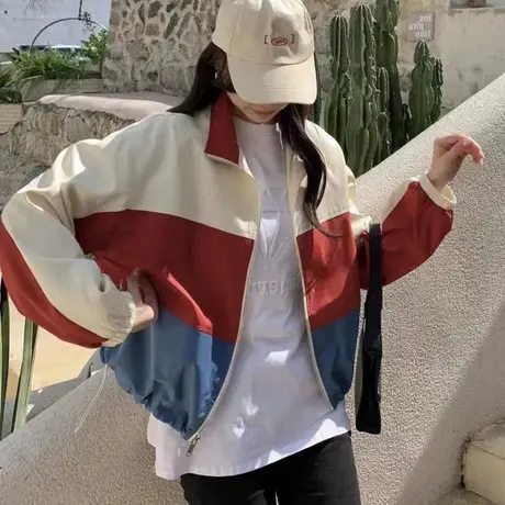 2023春秋季新款拼色外套女短款棒球服韩版宽松设计感小众短外套潮图片