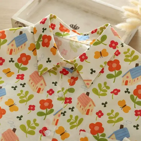 春秋季日系文艺小清新印花朵长袖衬衫女学生宽松纯棉打底衬衣上衣图片