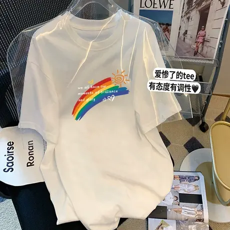 彩虹T恤女中长款短袖宽松大码上衣2022年新款韩版百搭纯棉基础款图片