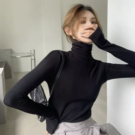 2023年新款春秋冬季白色洋气半高领百搭打底衫内搭黑色长袖t恤女商品大图