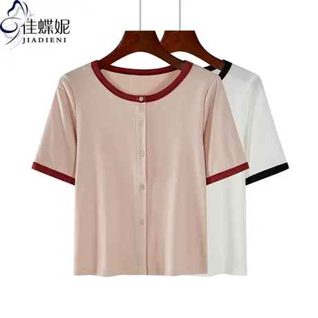 夏季新款韩版圆领开衫纯棉宽松休闲拼接短款短袖体恤上衣女装商品大图