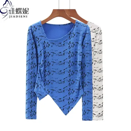 早春新款韩版V领修身纯棉斑纹不规则纯欲长袖体恤上衣内搭女打底图片