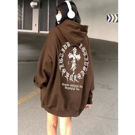 连帽卫衣女大码加绒加厚秋冬美式复古vintage古着宽松慵懒风外套商品大图