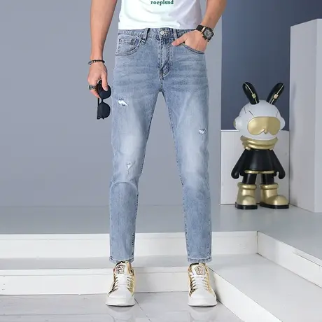 春夏深蓝色牛仔裤男士韩版修身休闲时尚潮流裤子男百搭水洗牛仔裤图片