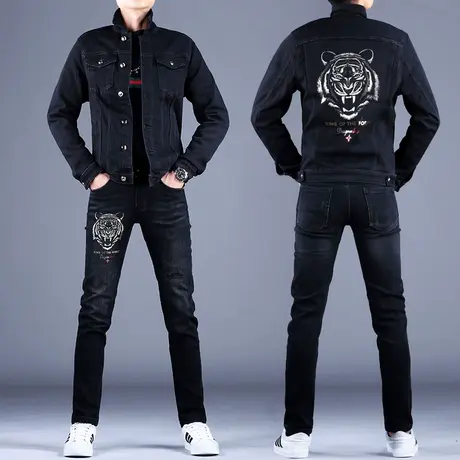 男士黑色牛仔套装秋款2023年新款牛仔上衣男夹克修身小脚休闲外套图片