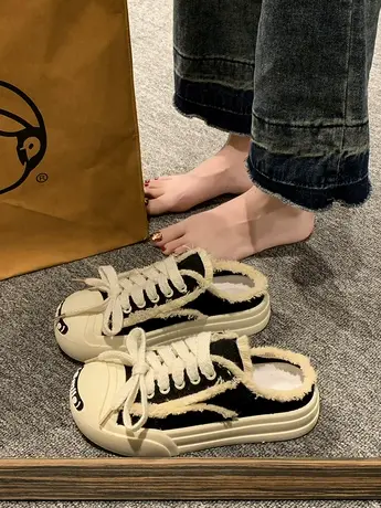 开口笑包头半拖小白帆布鞋女2023年夏季新款百搭厚底懒人休闲凉拖商品大图