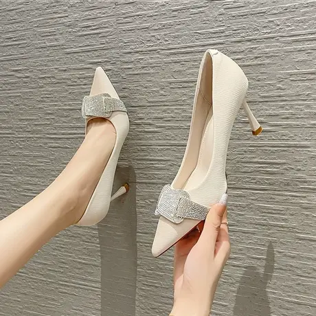 高跟鞋女2023年秋季新款尖头设计感小众水钻细跟法式名媛不累脚鞋商品大图