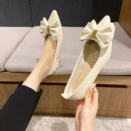 配裙子法式粗跟高跟鞋尖头单鞋女夏2023新款女鞋百搭秋款中跟皮鞋商品大图