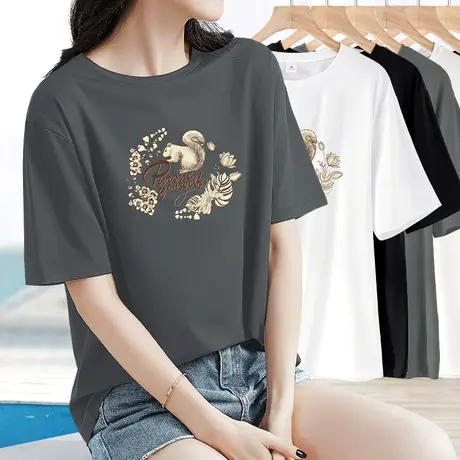 减龄凉感短袖t恤女2025新款夏宽松大码女装图案印花简约休闲上衣图片