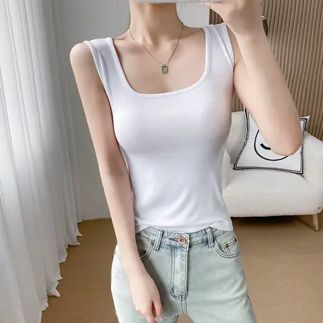 白色螺纹方领显瘦修身背心女春夏白色吊带内搭美背上衣新款莫代尔图片