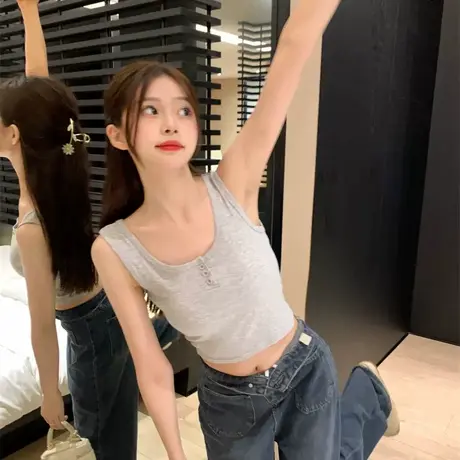 夏季外穿小背心女小众设计感灰色纽扣吊带内搭休闲收副乳无袖上衣商品大图