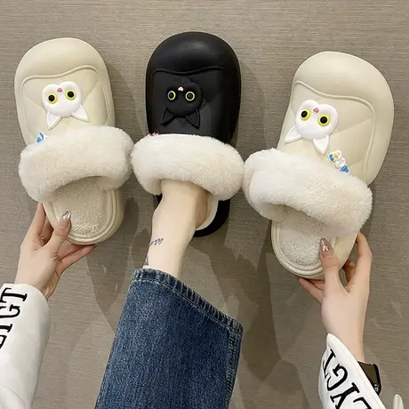 卡通猫咪棉拖鞋女冬季外穿可爱厚底防水防滑保暖加绒毛毛家居拖鞋商品大图